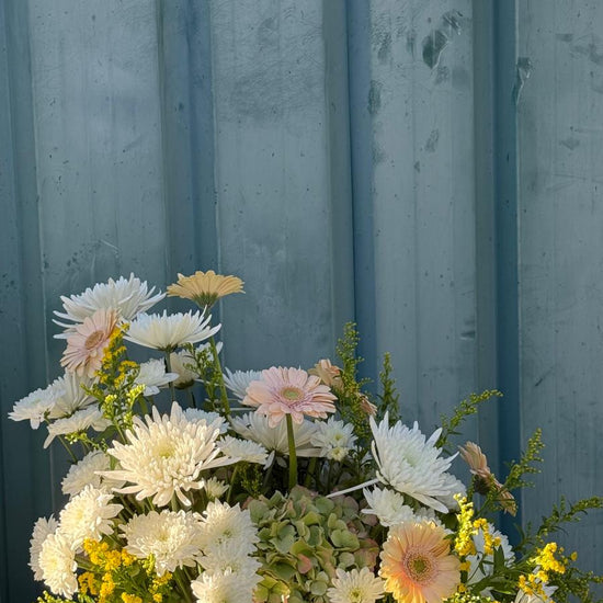 Centro floral de crisantemos blancos, gerberas rosa pastel, hortensia verde y solidago amarillo en jardinera blanca