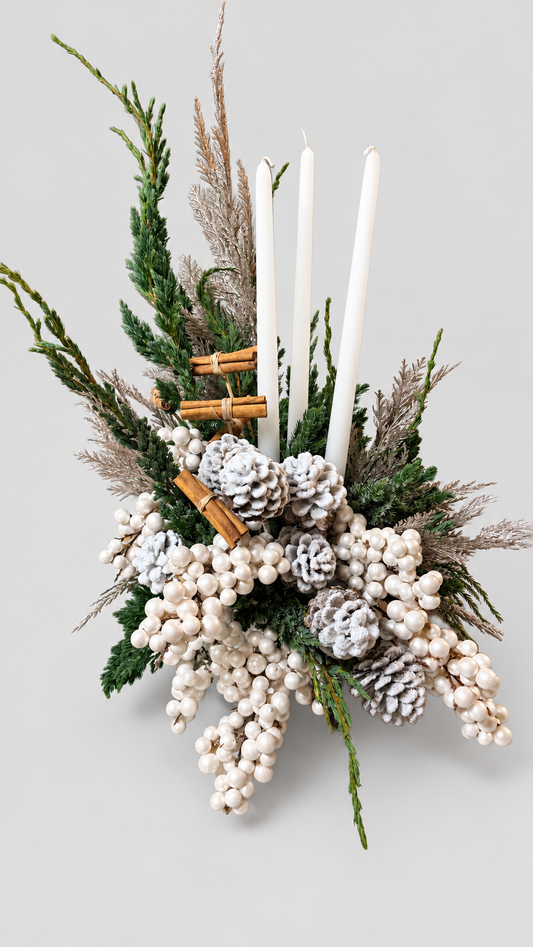 Composición navideña con tres velas blancas, piñas nevadas, ramas de canela, bayas perladas y verdes de abeto