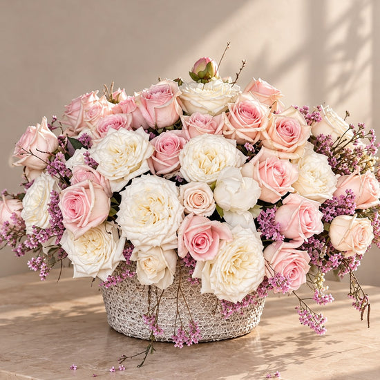 Composición de rosas blancas y rosas con limonium lila sobre mesa de mármol