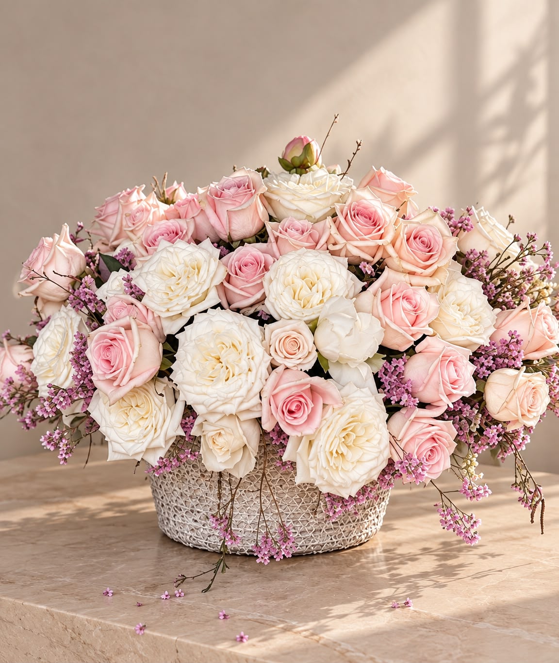 Composición de rosas blancas y rosas con limonium lila sobre mesa de mármol