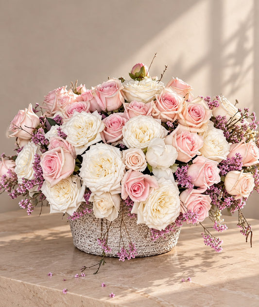 Composición de rosas blancas y rosas con limonium lila sobre mesa de mármol
