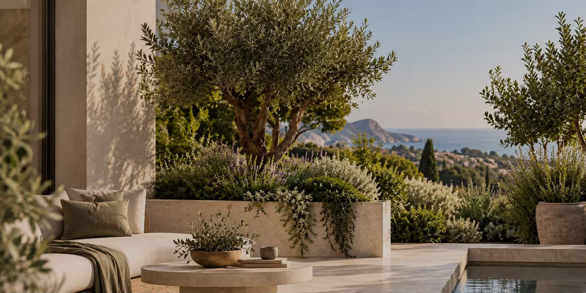 Terraza con muebles de exterior, olivos y vistas al mar