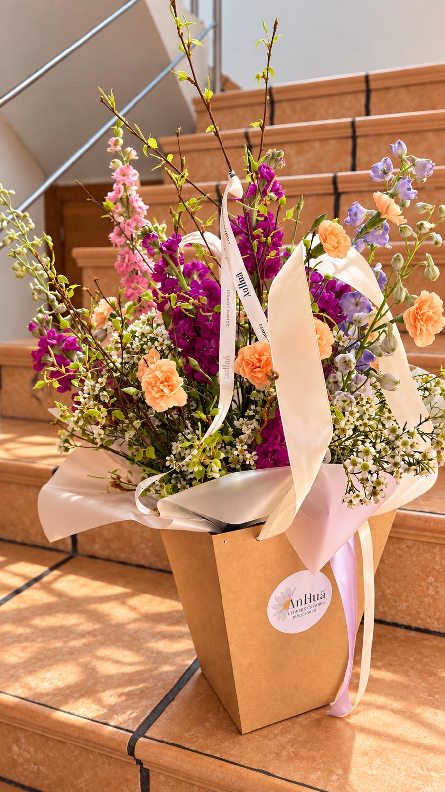 Arreglo floral con flores moradas rosas y naranjas en bolsa de papel sobre escalones