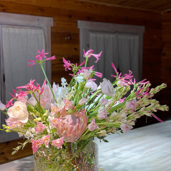 Pink Reverie — composición con protea rosa, orquídeas cymbidium y nerina fucsia