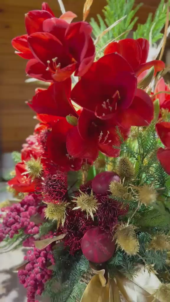 Vídeo de ramo navideño con amarilis rojas, cardos dorados, bayas rojas y ramas de pino
