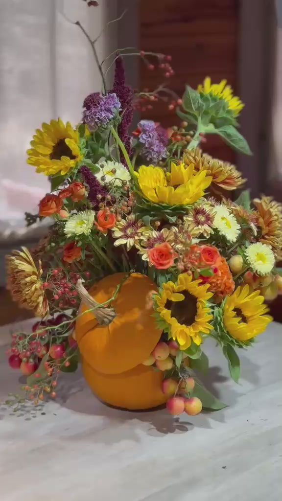 Vídeo de la composición otoñal en calabaza con girasoles, rosas naranjas, crisantemos y manzanas ornamentales