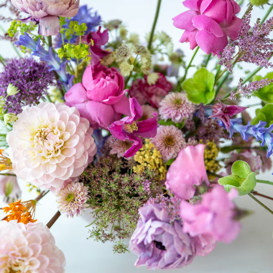 Primer plano de ramo con dalias blancas, rosas fucsias y ranúnculos lilas