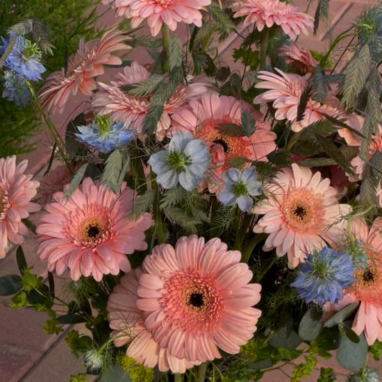 Ramo de gerberas rosas con nigella azul y espigas en jarrón de cristal, fotografiado al aire libre