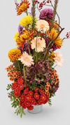 Ramo otoñal con gerberas crema, crisantemos naranjas y amarillos, hortensias, liatris y bayas rojas en cubo de zinc