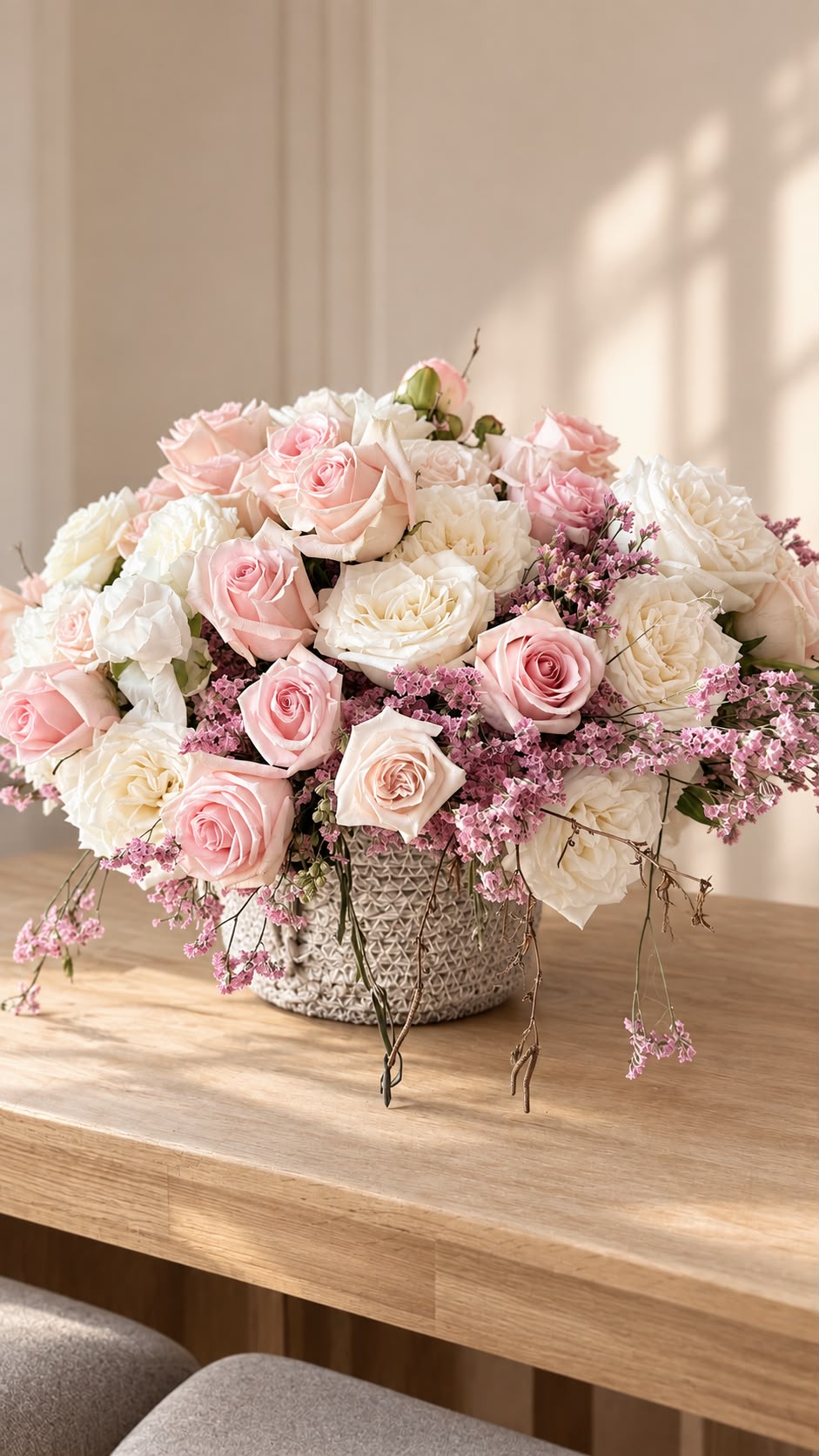 Ramo de rosas blancas y rosas con limonium sobre mesa de madera junto a ventana