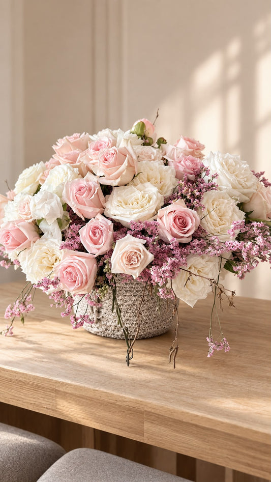 Ramo de rosas blancas y rosas con limonium sobre mesa de madera junto a ventana