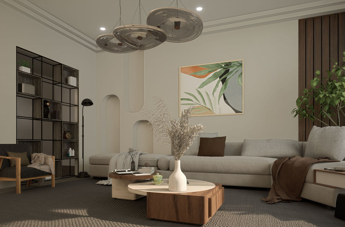 Salón moderno con sofá gris, mesa de centro de madera y jarrón con plumas de pampas
