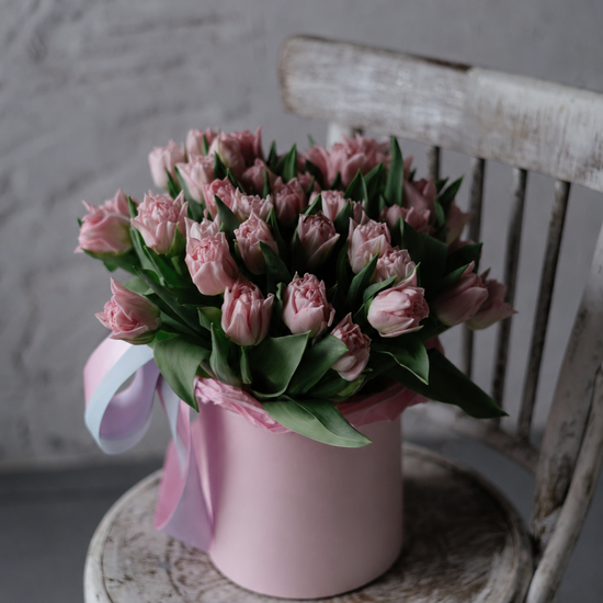 Tulipanes dobles rosa pálido en caja sombrerera rosa con lazo, sobre una silla de madera vintage
