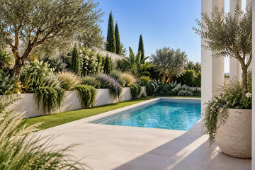 Piscina rectangular rodeada de jardines con olivos y plantas ornamentales en un patio pavimentado